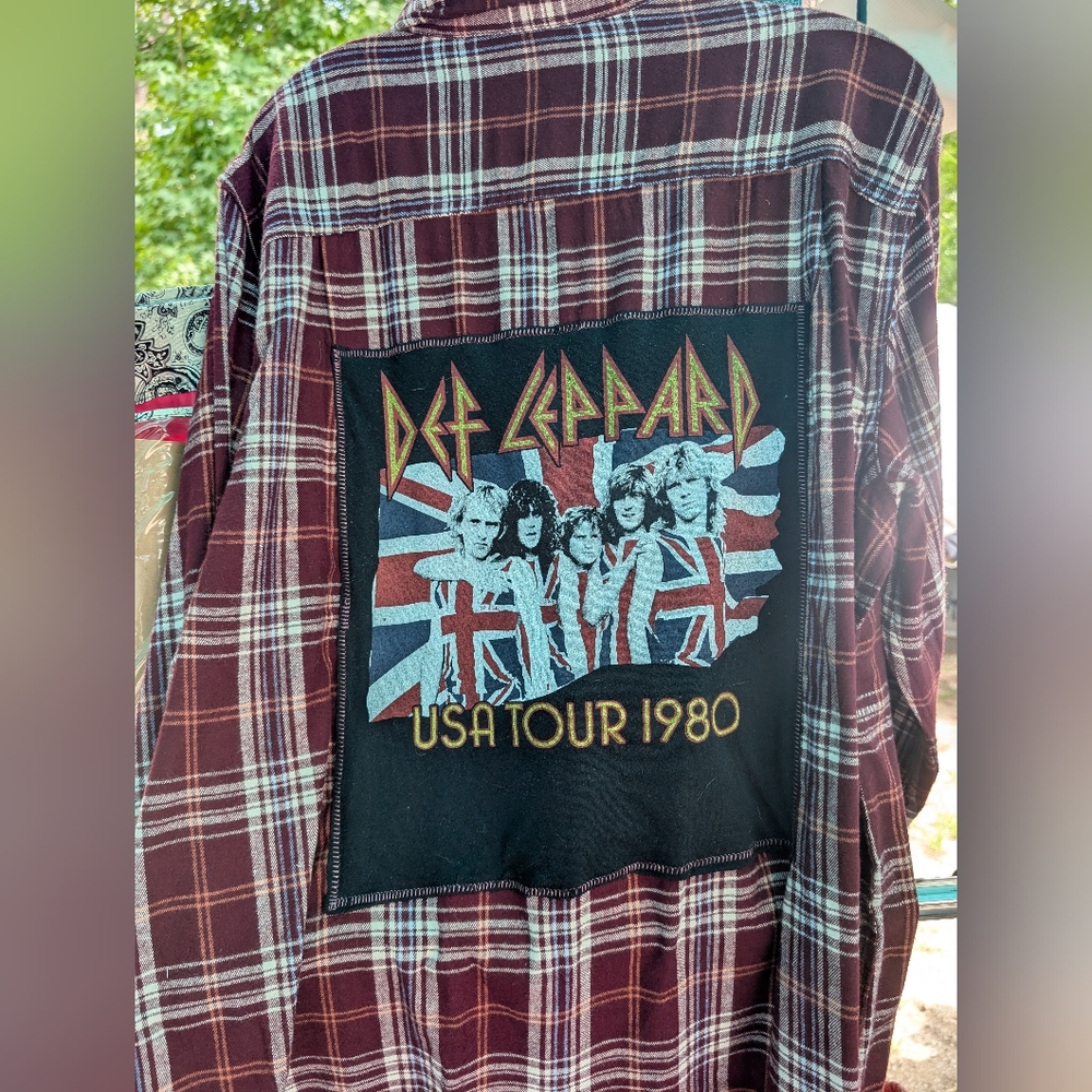 DEF LEPPARD Upcycled Flannel Plaid Shirt Hand Crafted